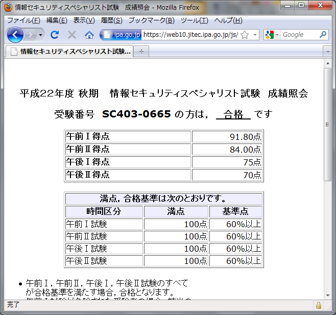 平成22年秋季 情報セキュリティスペシャリスト 午前Ⅰ=91.80,午前Ⅱ=84.00,午後Ⅰ=75,午後Ⅱ=70